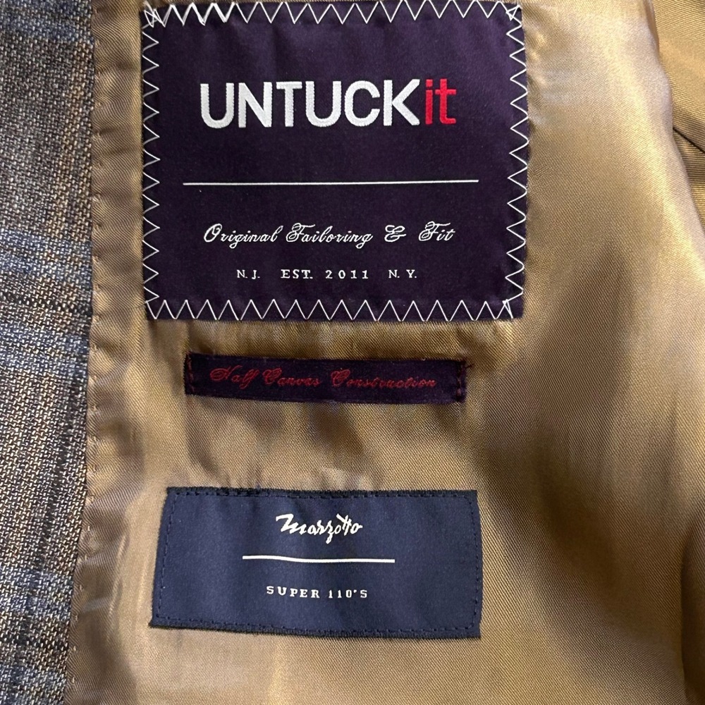UNTUCKit Harewood Blazer Mens 42S Marzotto Super 110s Wool Plaid Tan Blue 40777 - Picture 7 of 10